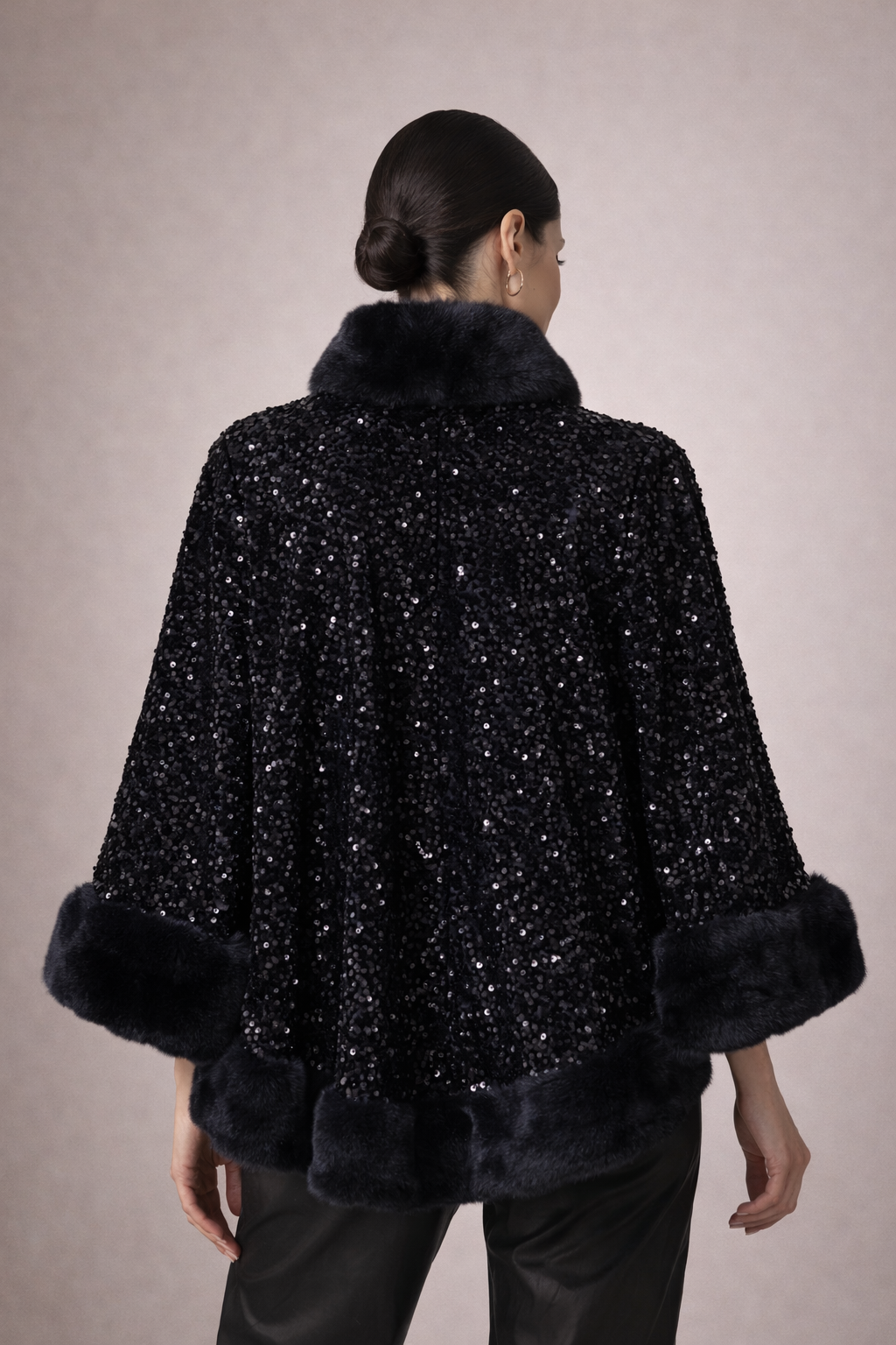 Midnight Noir Sequin Fur-Trim Cape | SHOBITAM