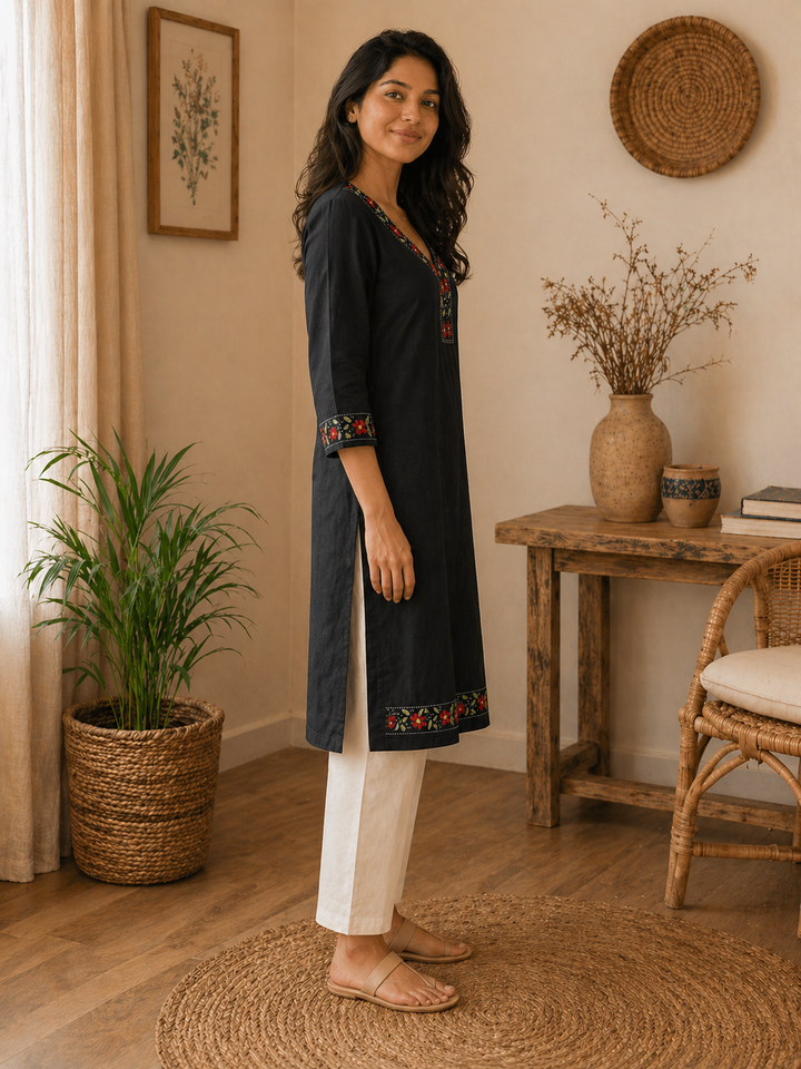 Navy Floral Kantha Cotton Kurta | SHOBITAM