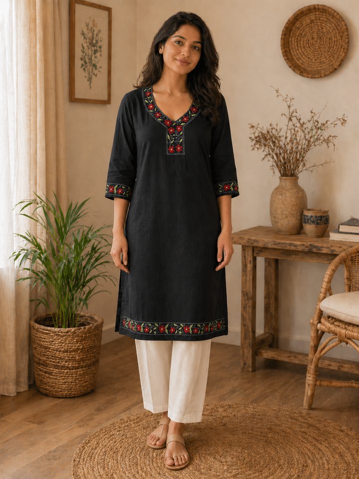 Navy Floral Kantha Cotton Kurta | SHOBITAM