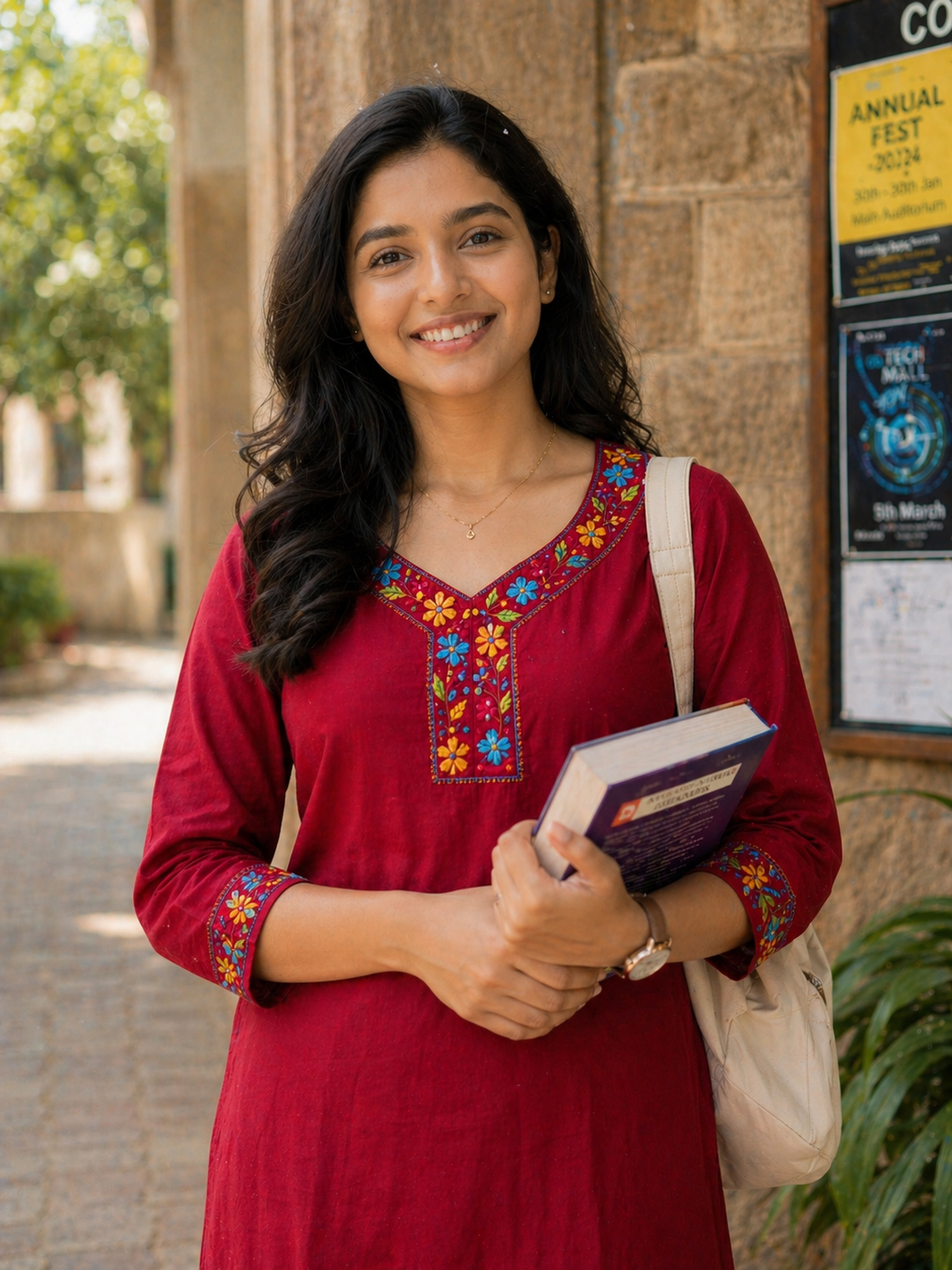 Maroon Floral Kantha Cotton Kurta | SHOBITAM
