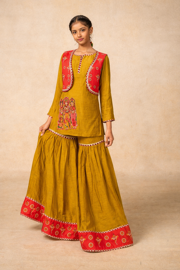 Ram Van olive kurta + Sharara +jacket set (set of 3) |  SHOBITAM
