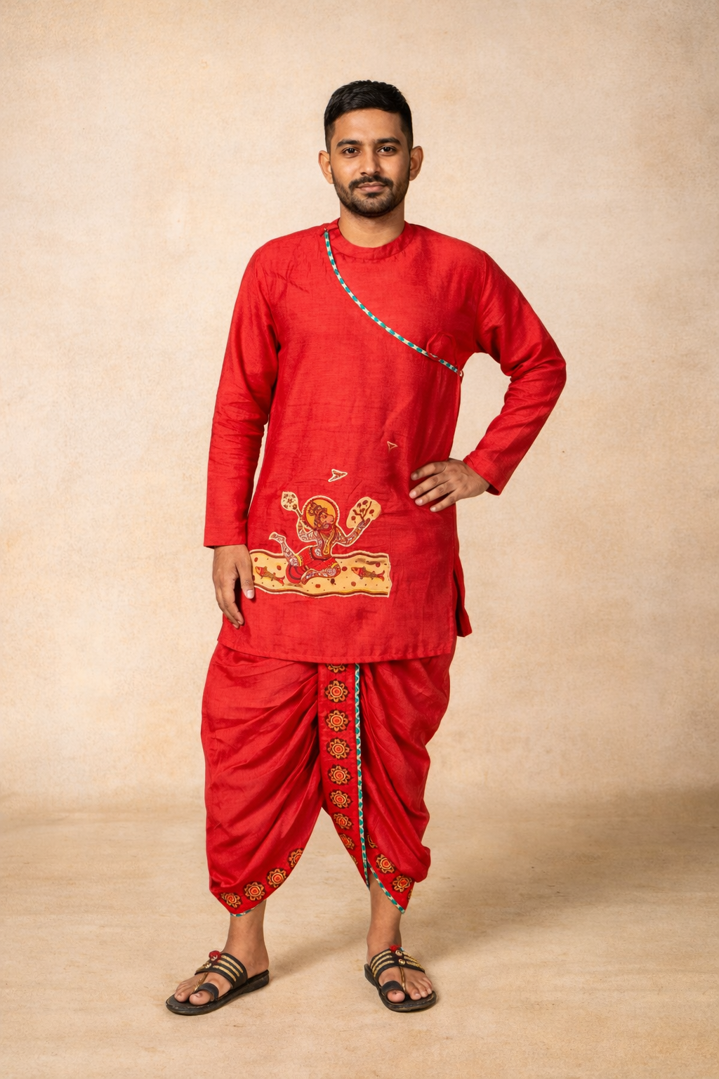 Hanu red kurta + dhoti set ( set of 2) | SHOBITAM