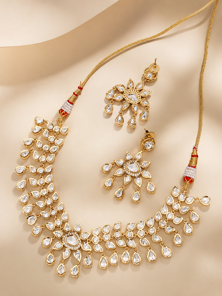 Rose Gold Polki Choker Necklace Set with Teardrop Stones | SHOBITAM