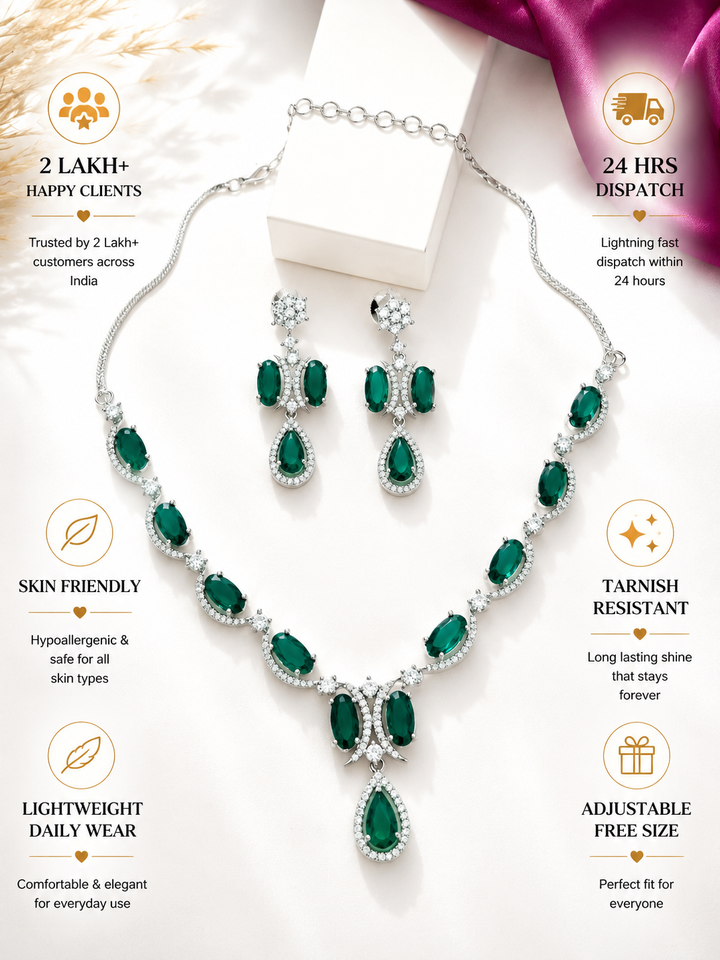 Silver Tone Diamond Look Necklace Set with Earrings | SHOBITAM