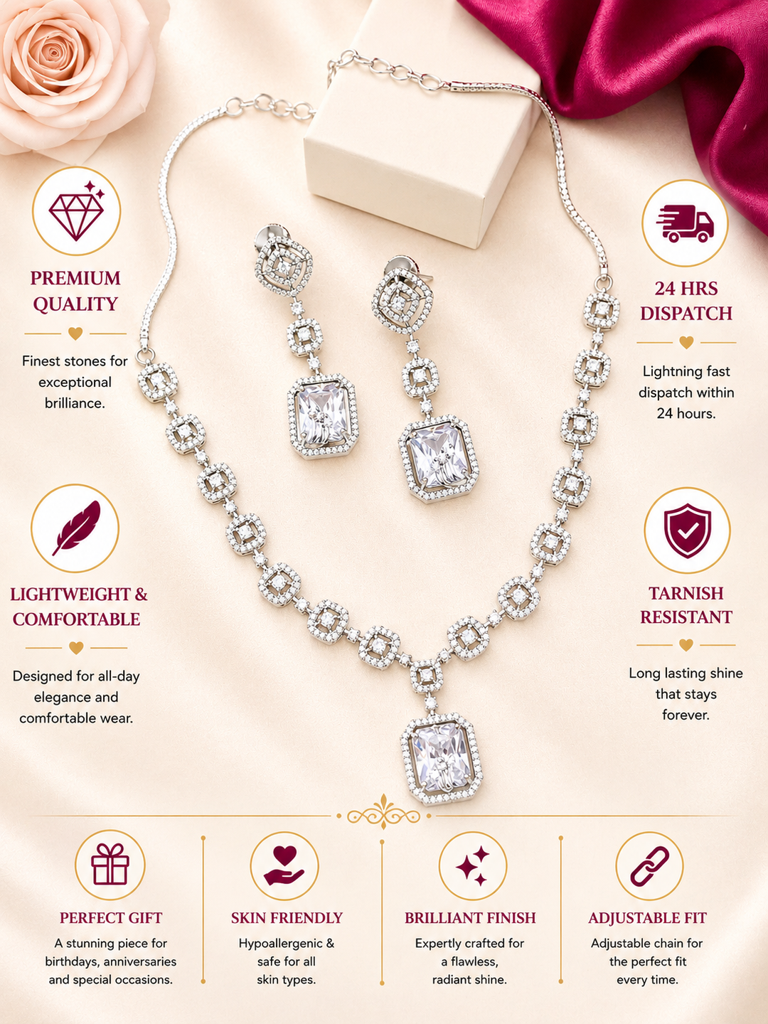 Elegant Square Cut American Diamond Necklace Set | SHOBITAM
