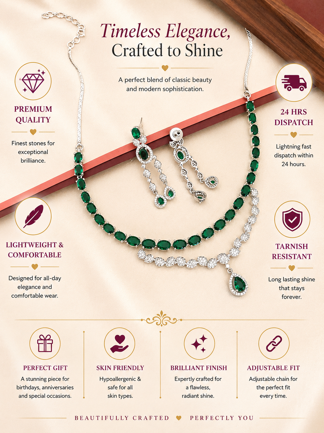 Emerald Green American Diamond Necklace Set | SHOBITAM