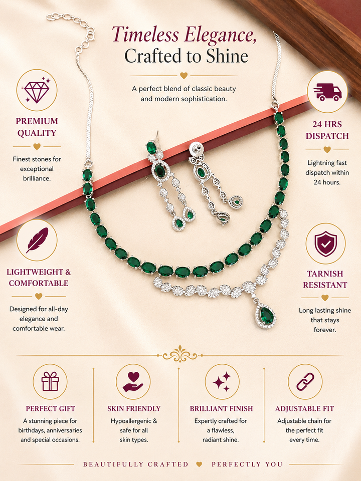 Emerald Green American Diamond Necklace Set | SHOBITAM