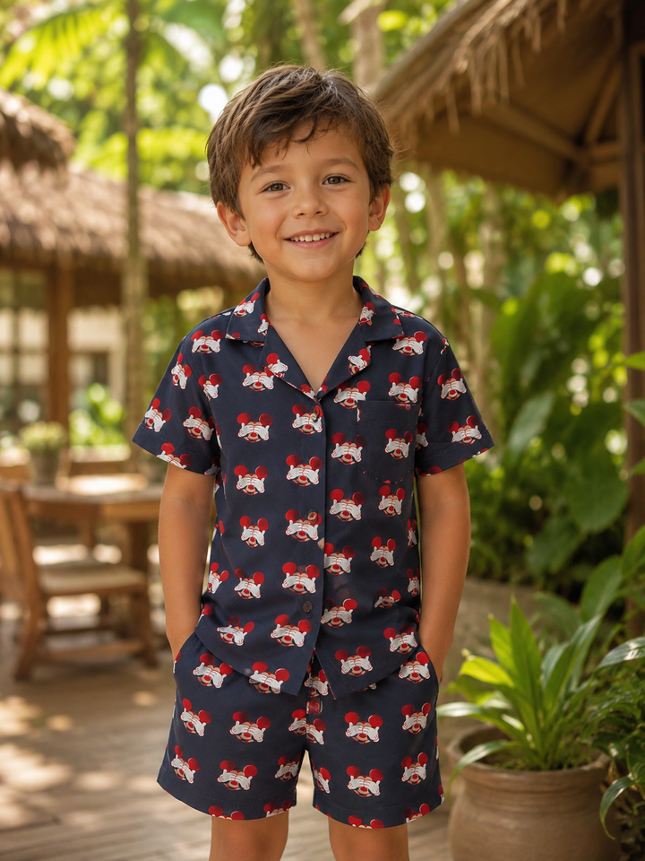 Kids Black Mickey Mouse Print Cotton Nightsuit Shorts Co-ord Set for Boys and Girls | SHOBITAM