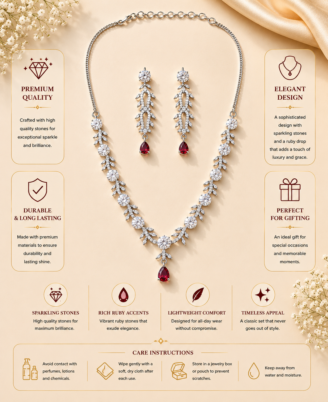 Silver Tone Floral Ruby Necklace Set – Elegant Glam | SHOBITAM