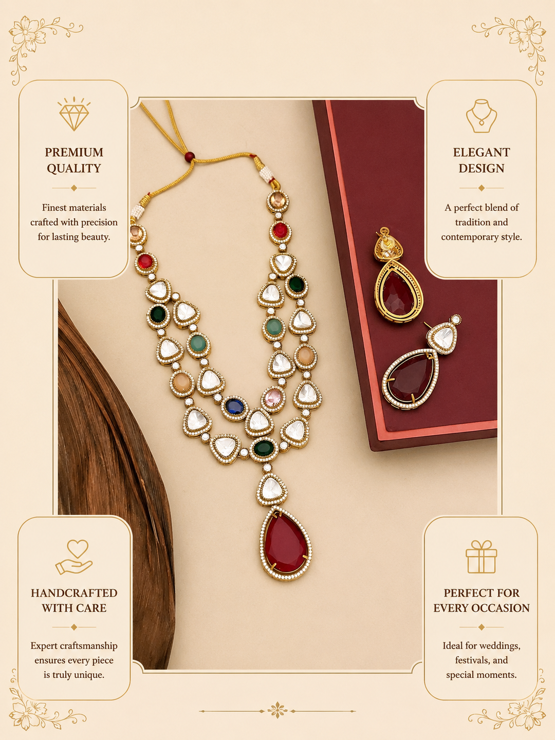 Multicolour Gold Plated Jaipuri Bead Stone Polki Necklace Set | SHOBITAM