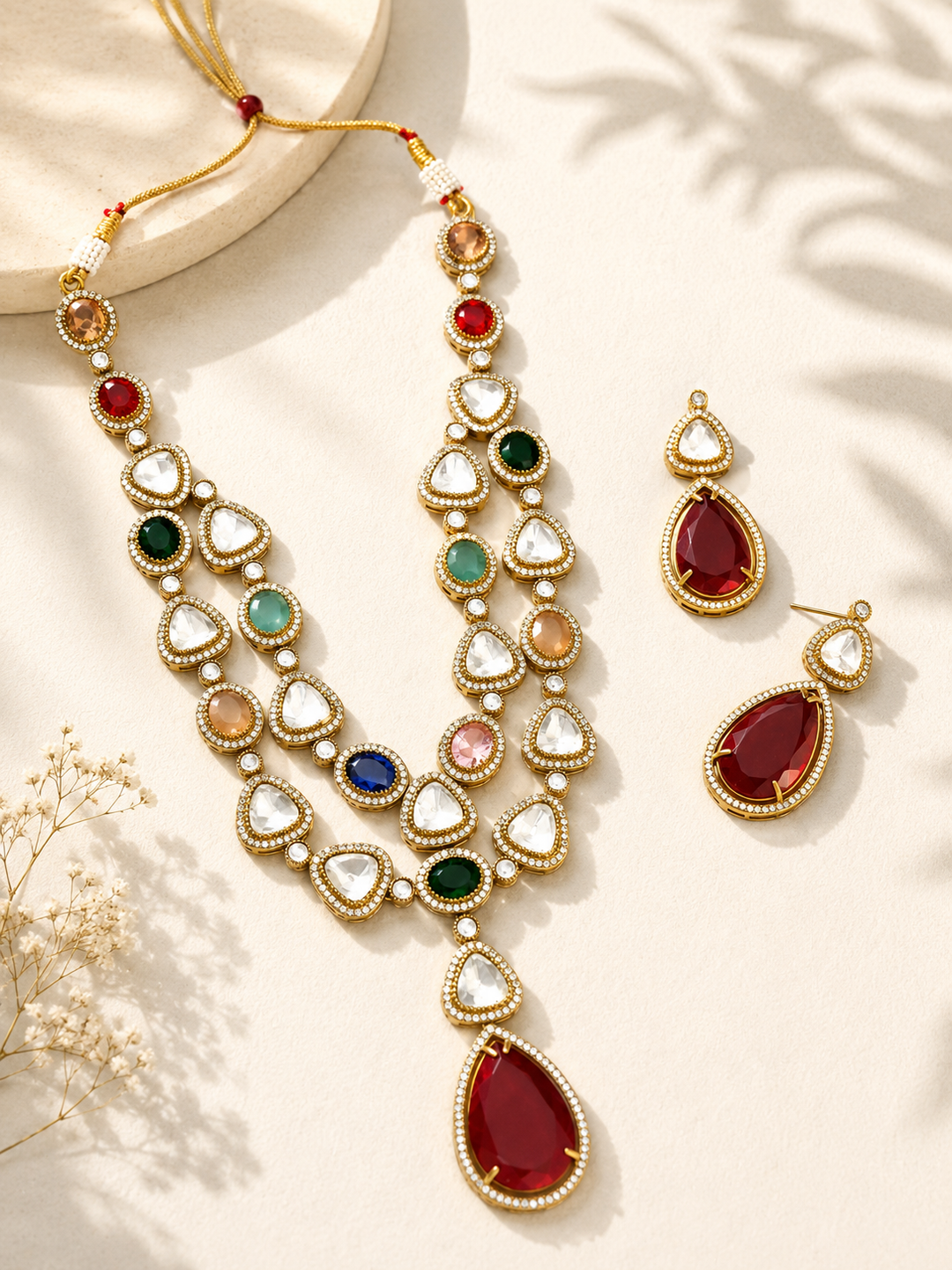 Multicolour Gold Plated Jaipuri Bead Stone Polki Necklace Set | SHOBITAM