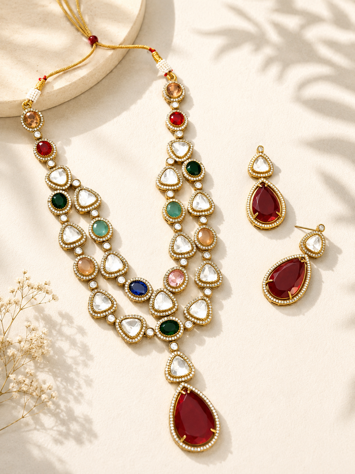 Multicolour Gold Plated Jaipuri Bead Stone Polki Necklace Set | SHOBITAM