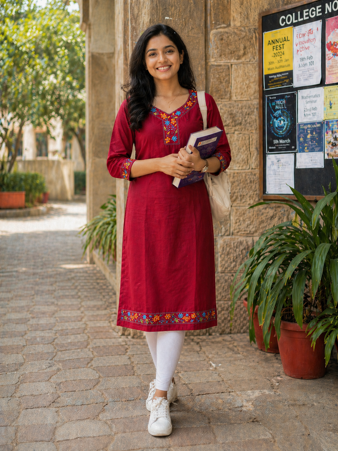 Maroon Floral Kantha Cotton Kurta | SHOBITAM