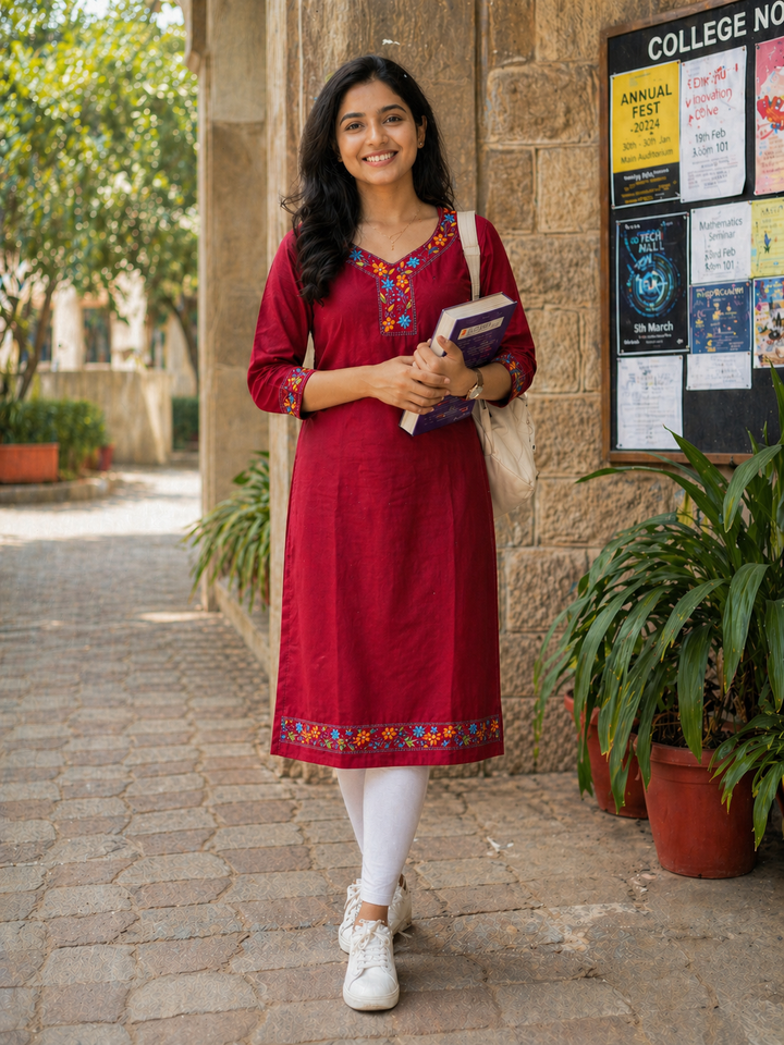 Maroon Floral Kantha Cotton Kurta | SHOBITAM