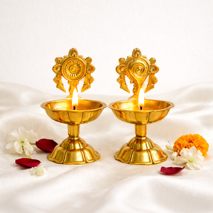 Brass Shankh & Chakra Jyoti Diya-Set of 2