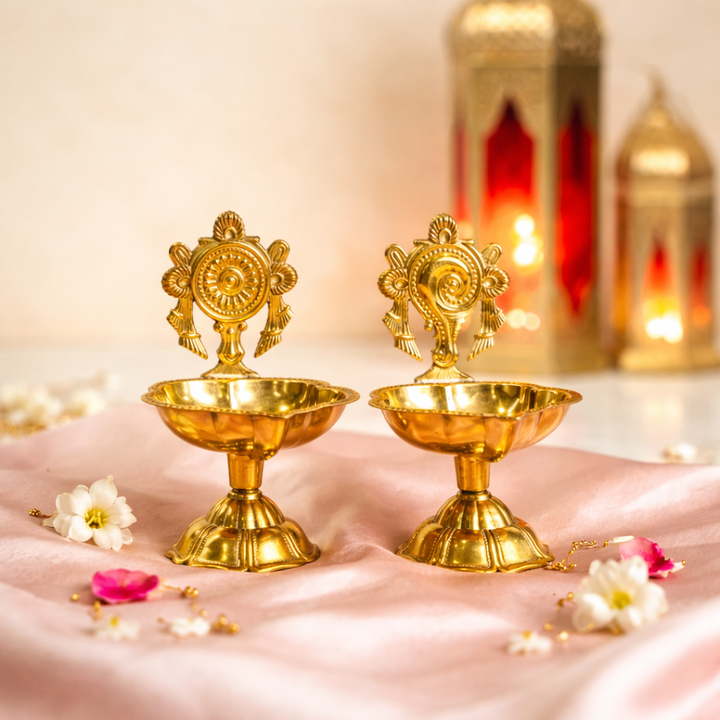 Brass Shankh & Chakra Jyoti Diya-Set of 2