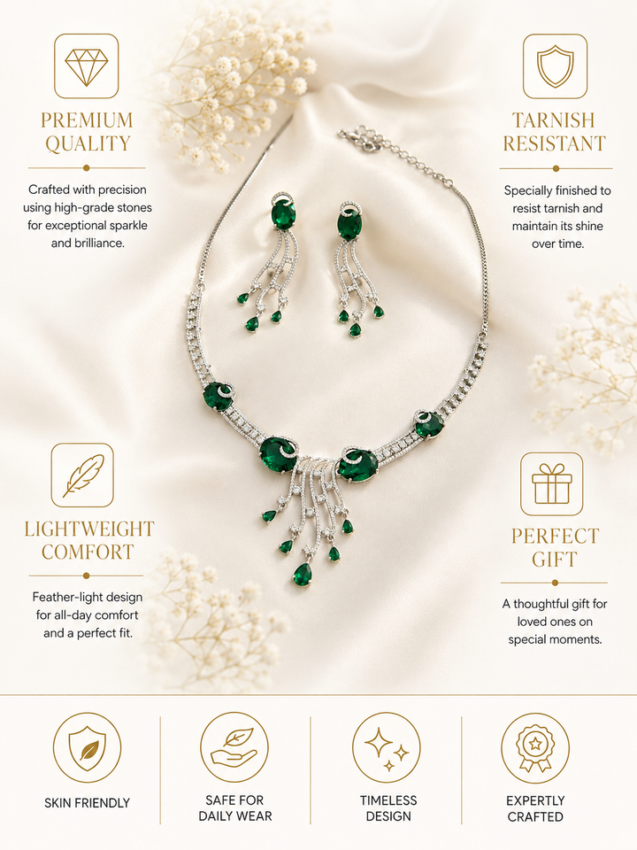 Silver Tone Cz Ruby Emerald and American Diamond Necklace Set | SHOBITAM