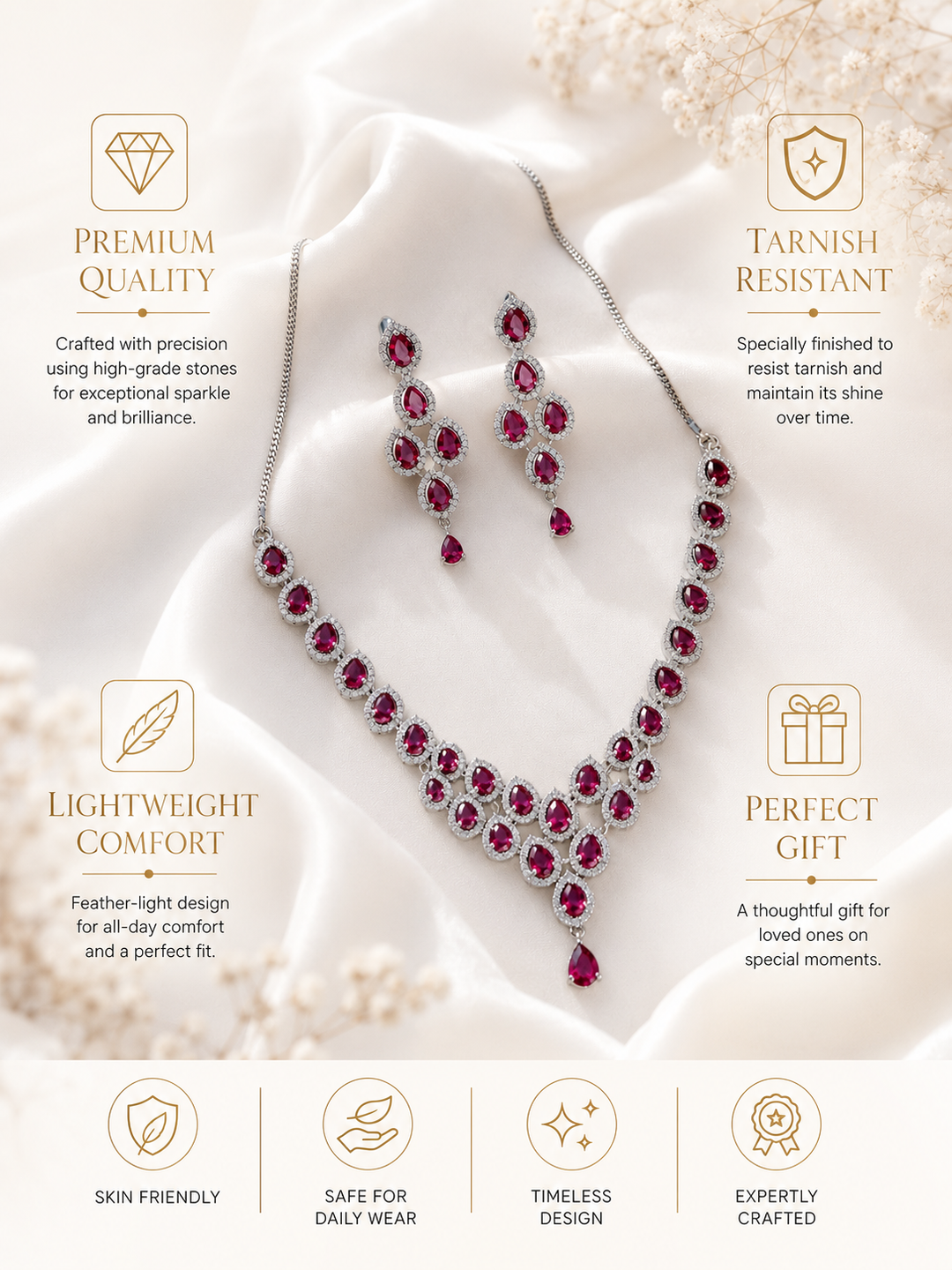 Silver Tone Cz Ruby Necklace Set Elegant Glam | SHOBITAM