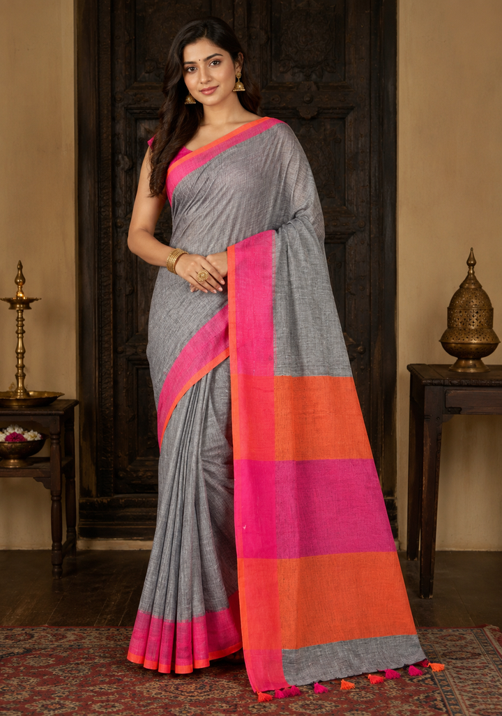Linen by Linen Saree in Gray with Ganga Jamuna Borders | SHOBITAM