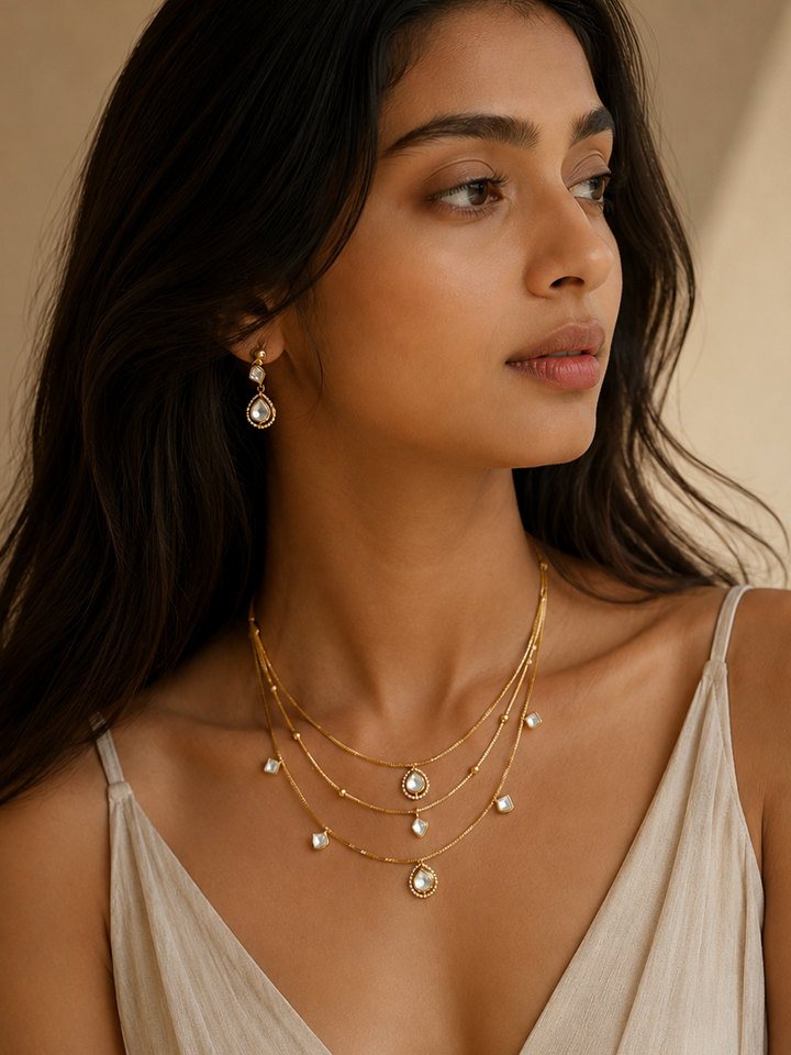 Multi Layer Gold Plated Necklace Set with Kundan Drops & Earrings | Shobitam