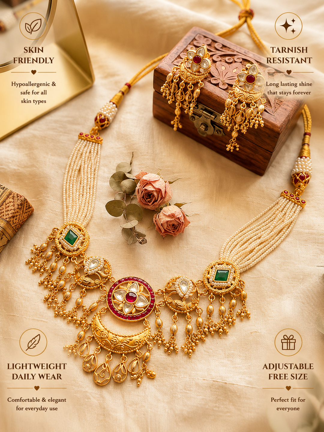 Jadau Lotus Motifs With Bead Pearl Drops Necklace Set | SHOBITAM