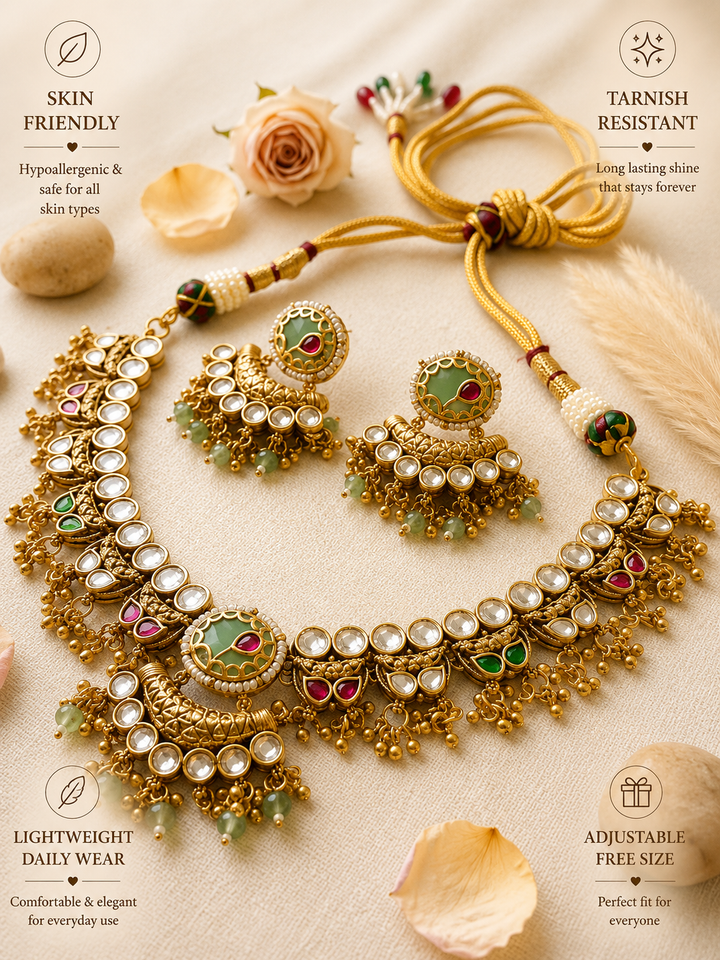 Gold Antique Polki Necklace Set | SHOBITAM