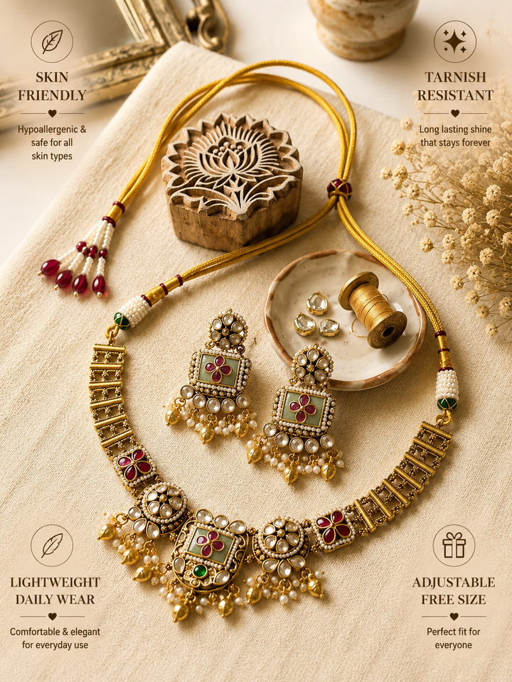 Gold Floral Polki Necklace Set | SHOBITAM