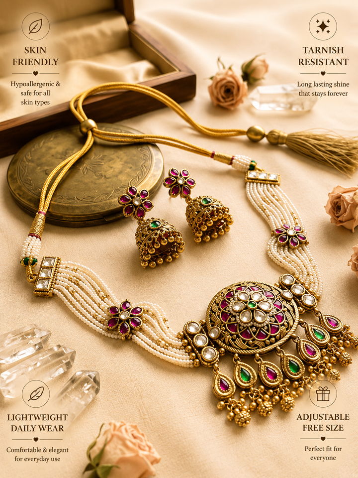 Floral Pattern Gold Choker Necklace Set | SHOBITAM
