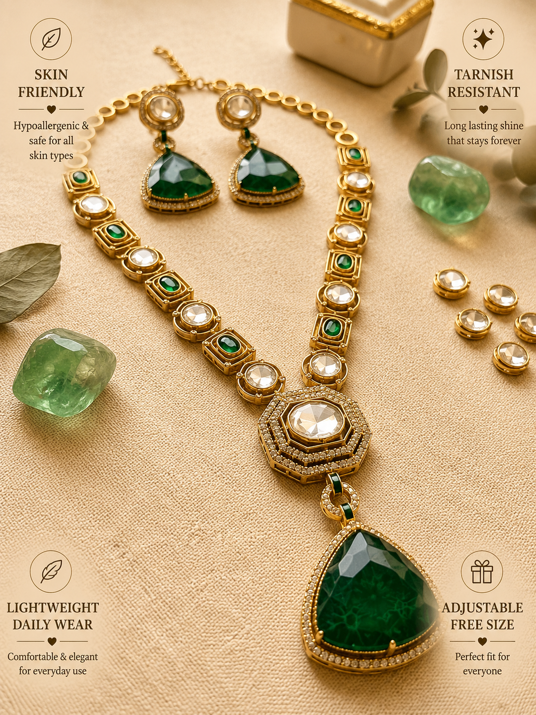 Emerald Green Long Polki Necklace Set | SHOBITAM