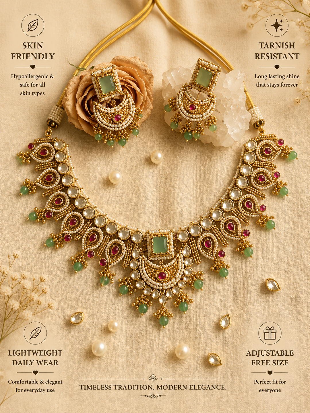 Semi Bridal Gold Short Necklace Set | SHOBITAM