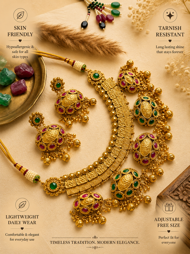 Gold Jadau Kundan Bridal Necklace Set | SHOBITAM