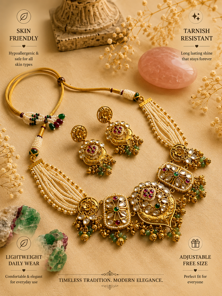 Gold Floral Pattern Choker Necklace Set | SHOBITAM