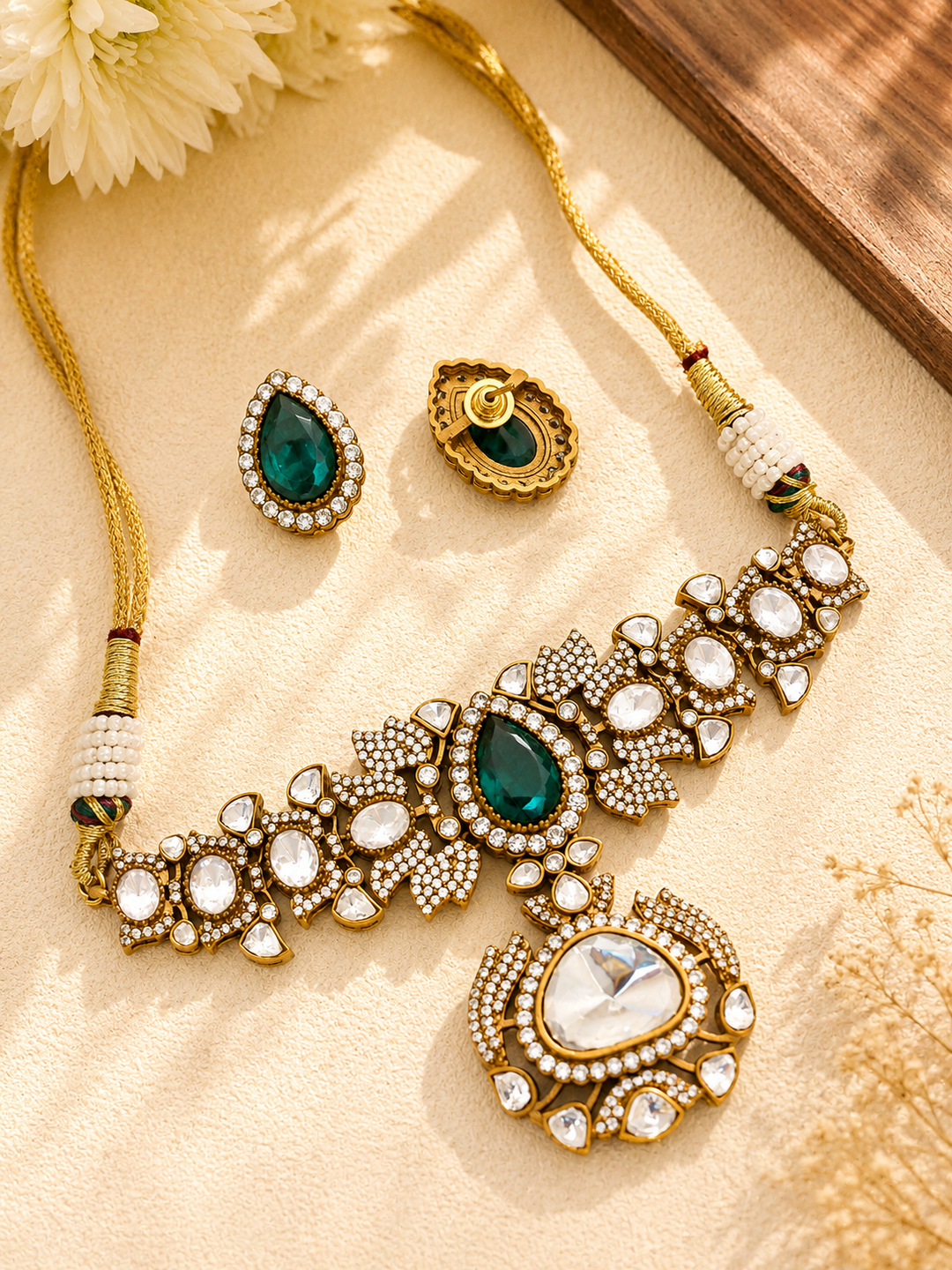 Green Emerald Stone Ethnic Elegant Festive Polki Choker Set | SHOBITAM
