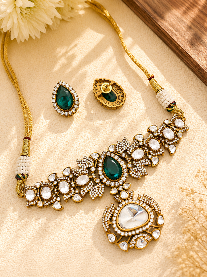 Green Emerald Stone Ethnic Elegant Festive Polki Choker Set | SHOBITAM
