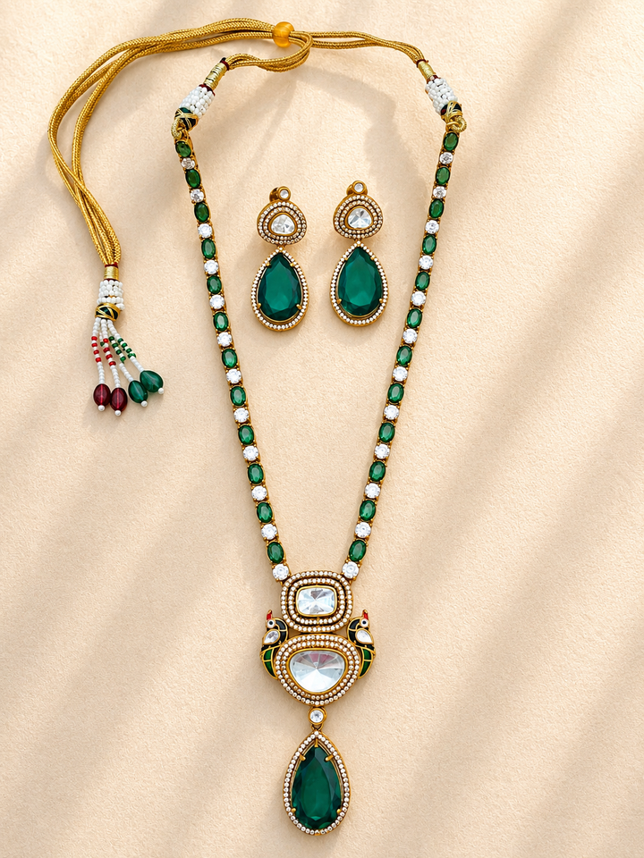 Elegant Emerald Green Pendant Necklace with Earrings |SHOBITAM