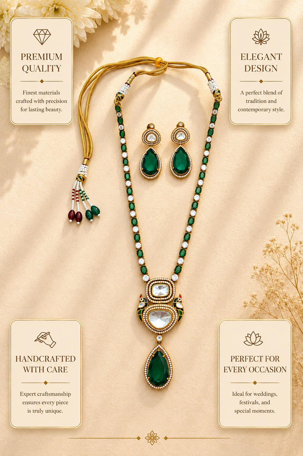 Elegant Emerald Green Pendant Necklace with Earrings |SHOBITAM