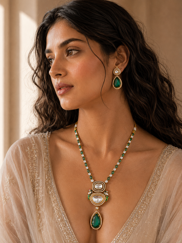 Elegant Emerald Green Pendant Necklace with Earrings |SHOBITAM