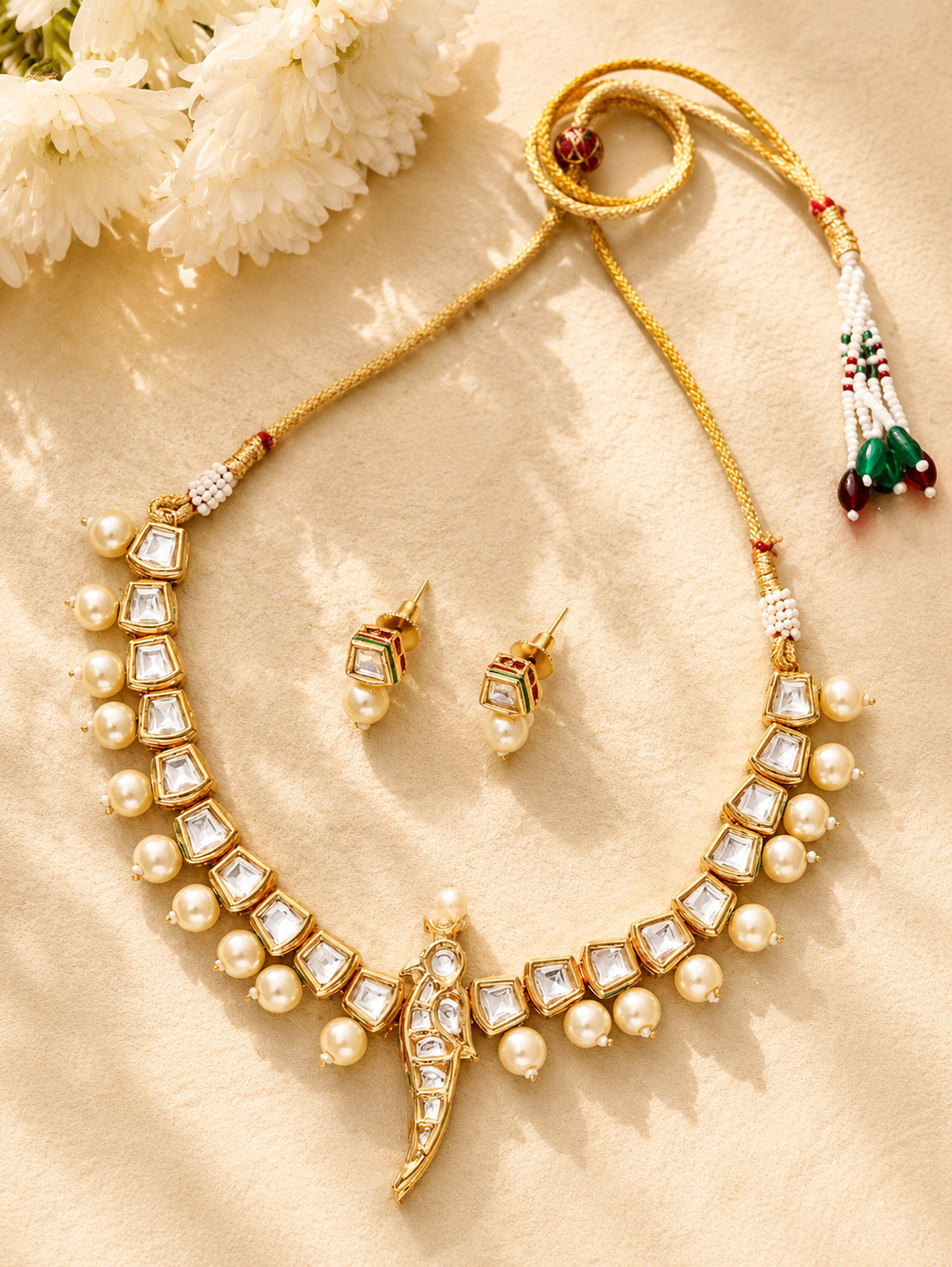 Parrot Bird Kundan Gold Tone Pearl Drop Necklace Set | SHOBITAM