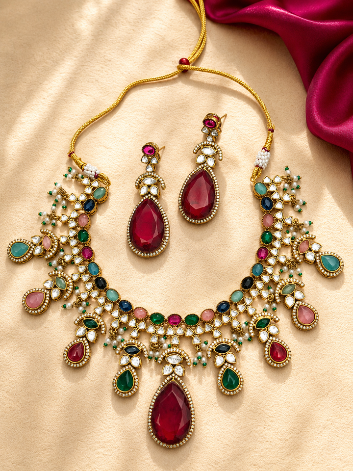 Royal Multicolor Stone Statement Necklace Set | SHOBITAM