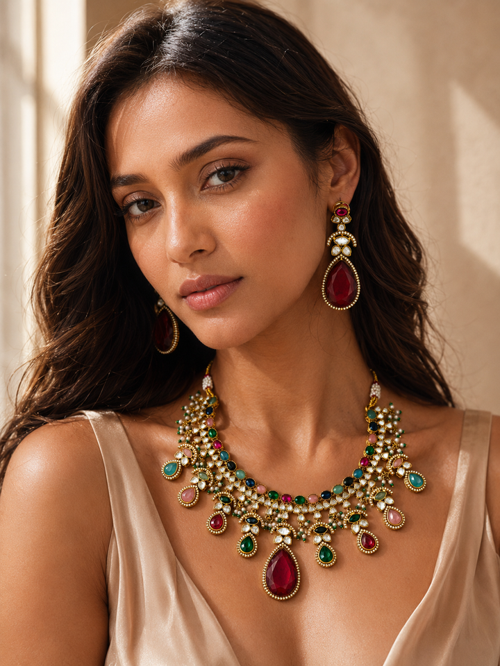 Royal Multicolor Stone Statement Necklace Set | SHOBITAM