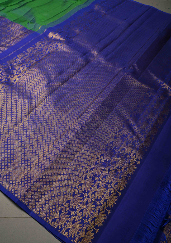 Unique 23" Peacock Blue and Purple Half Border Kanjivaram Pure Silk saree | SILK MARK CERTIFIED | SHOBITAM