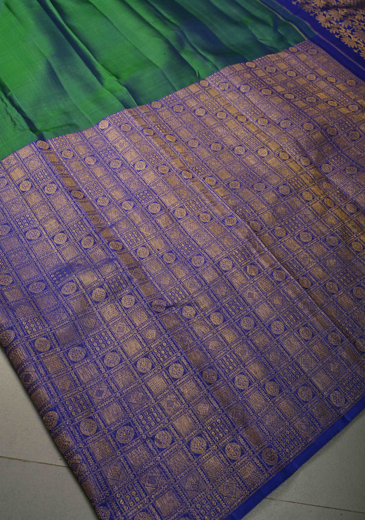 Unique 23" Peacock Blue and Purple Half Border Kanjivaram Pure Silk saree | SILK MARK CERTIFIED | SHOBITAM