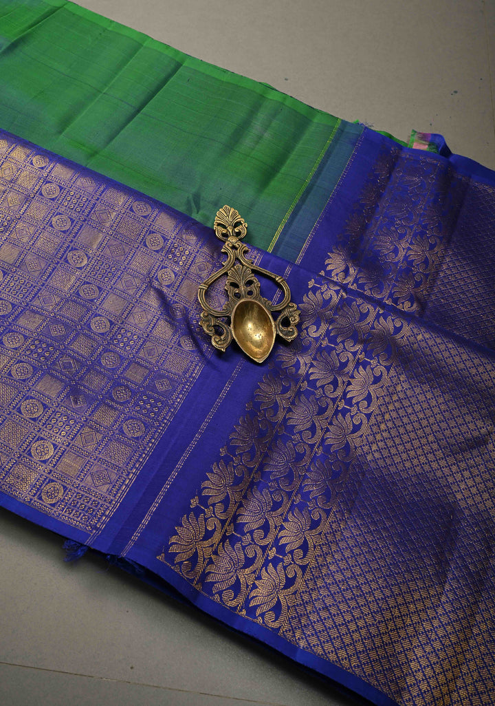 Unique 23" Peacock Blue and Purple Half Border Kanjivaram Pure Silk saree | SILK MARK CERTIFIED | SHOBITAM
