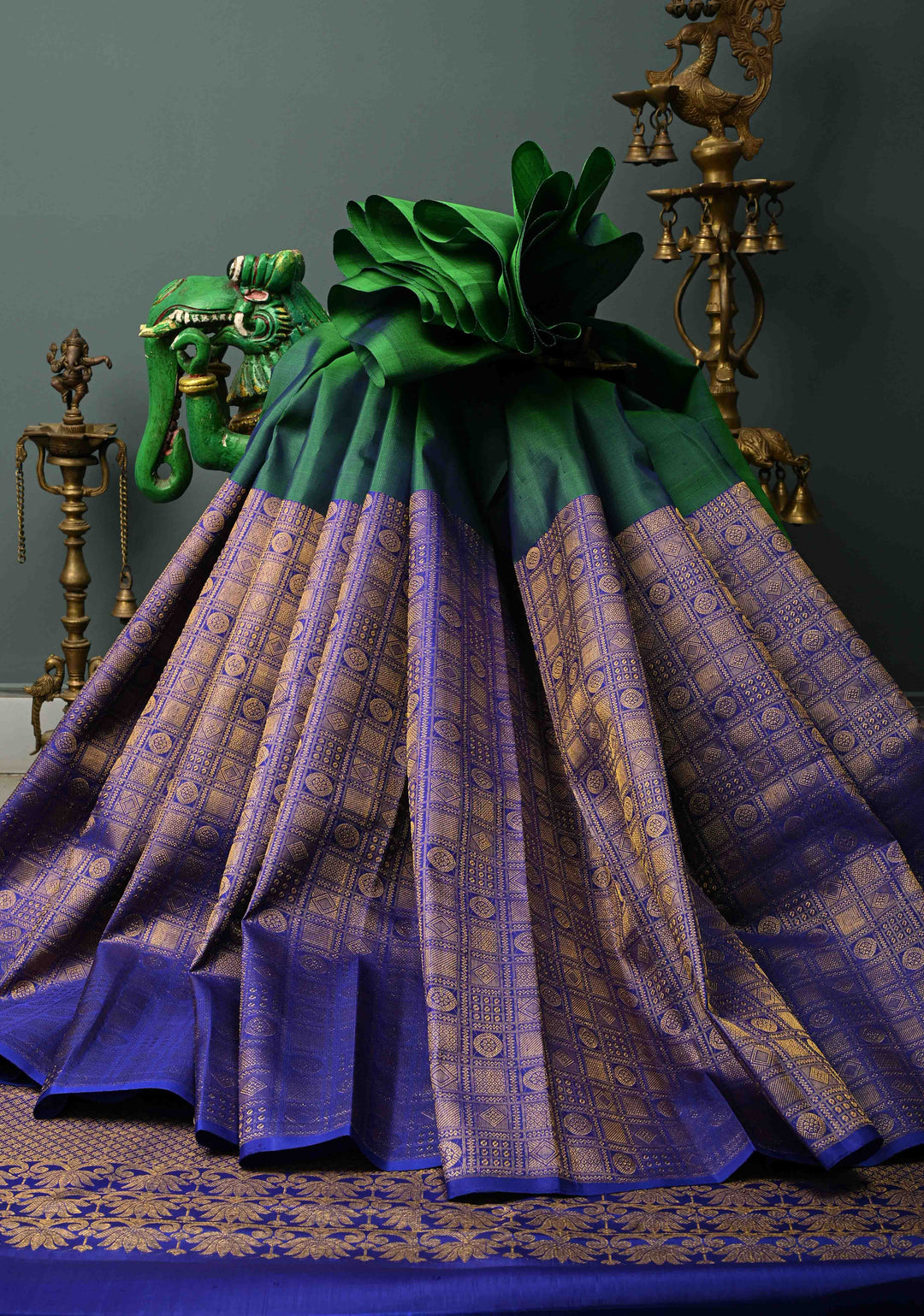 Unique 23" Peacock Blue and Purple Half Border Kanjivaram Pure Silk saree | SILK MARK CERTIFIED | SHOBITAM
