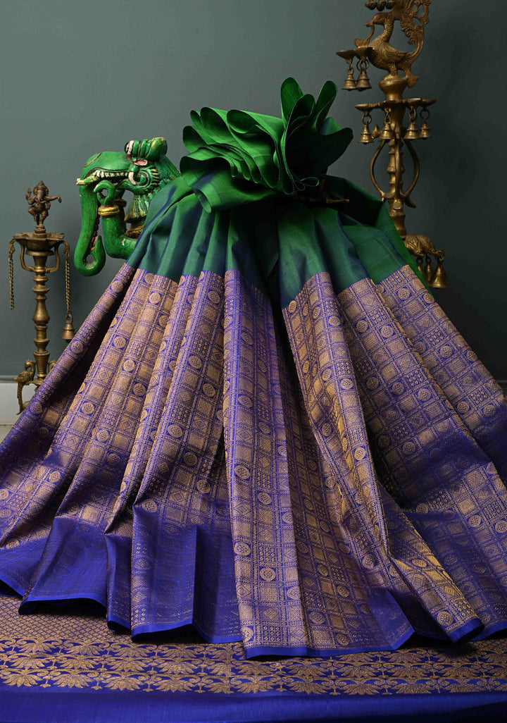 Unique 23" Peacock Blue and Purple Half Border Kanjivaram Pure Silk saree | SILK MARK CERTIFIED | SHOBITAM