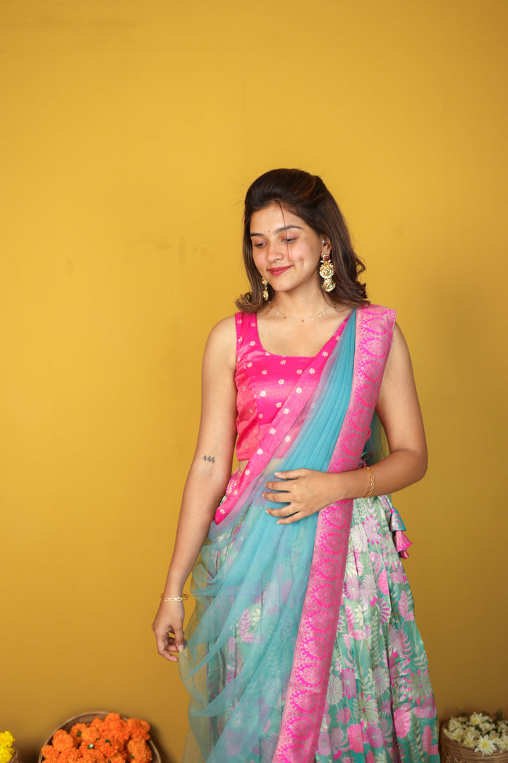 Tissue Urvi Pink & Teal Skirt, crop Top and Dupatta 3 piece set | Made To Order