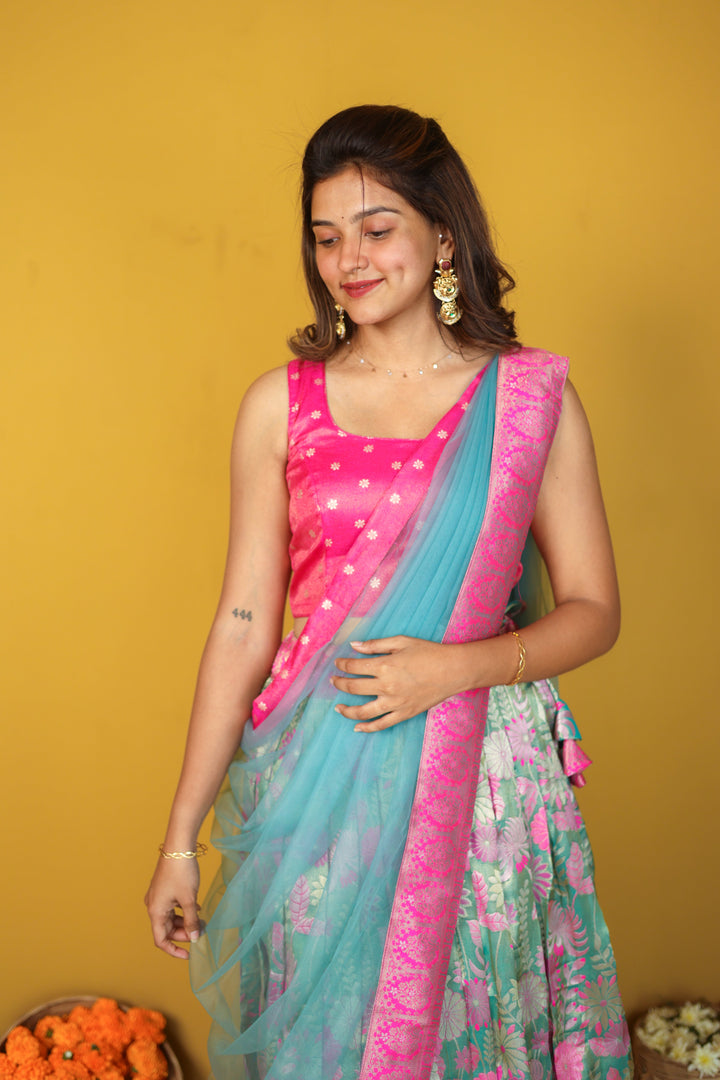 Tissue Urvi Pink & Teal Skirt, crop Top and Dupatta 3 piece set | Made To Order