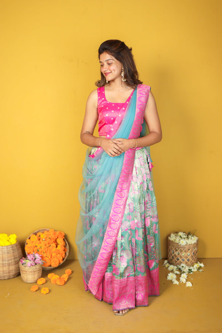 Tissue Urvi Pink & Teal Skirt, crop Top and Dupatta 3 piece set | Made To Order