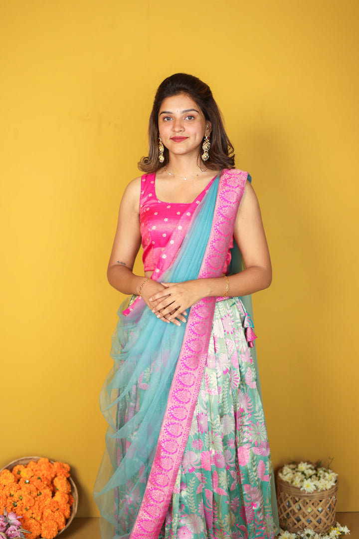 Tissue Urvi Pink & Teal Skirt, crop Top and Dupatta 3 piece set | Made To Order