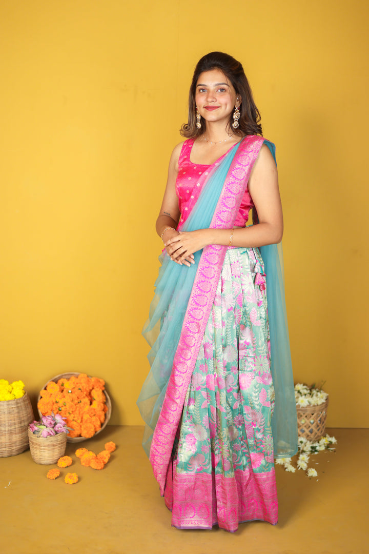 Tissue Urvi Pink & Teal Skirt, crop Top and Dupatta 3 piece set | Made To Order